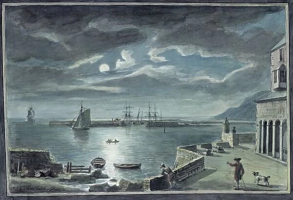 The Harbour and the Cobb, Lyme Regis, Dorset, by Moonlight (w  /  c on paper)