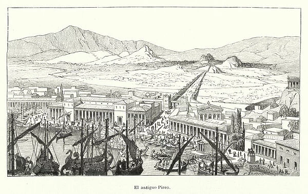 Harbour of Piraeus, Ancient Greece (litho)