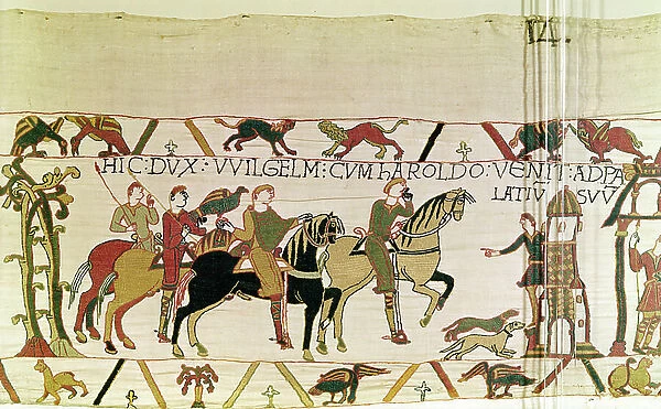 Harold is taken by William to his castle at Rouen, Bayeux Tapestry (wool embroidery on linen)