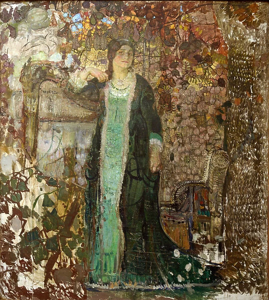 Harpist. Portrait of Tatiana Sergeevna Bartseva (1886-1984) par Savinov, Alexander Ivanovich (1881-1942), 1908 - Oil on canvas - State A. Radishchev Art Museum, Saratov