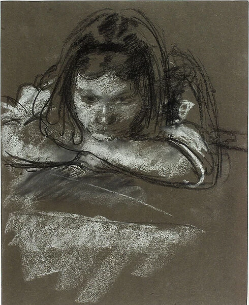 Head and Shoulders of a Girl at a Table (chalk on paper)