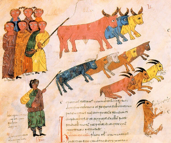 The Hebrew people leave Egypt with their livestock, from the Visigothic-Mozarabic Bible