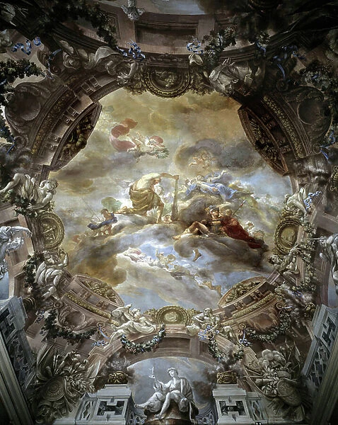 Hercules (Heracles) received in Olympus, 1780. Ceiling fresco of Palazzo Malvezzi, Bologna. Artwork by Ubaldo Gandolfi (1728-1781) and David Zanotti
