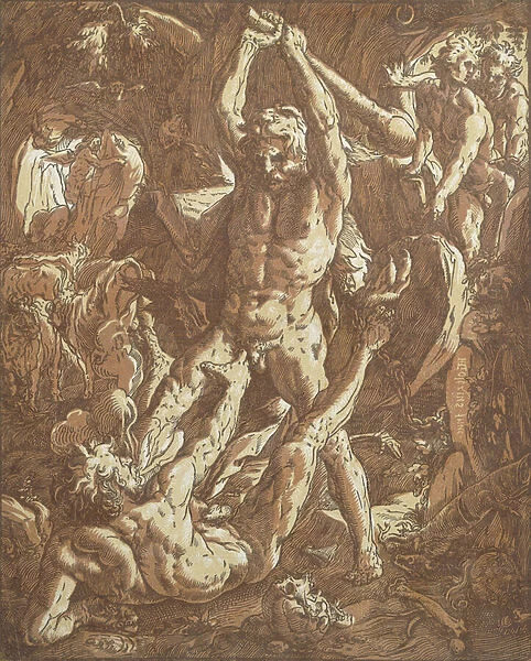 Hercules Killing Cacus, (woodcut)