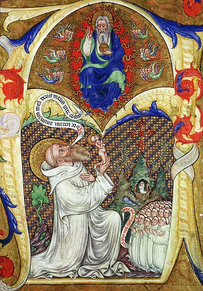 Historiated initial A depicting St. Benedict offering his soul to God