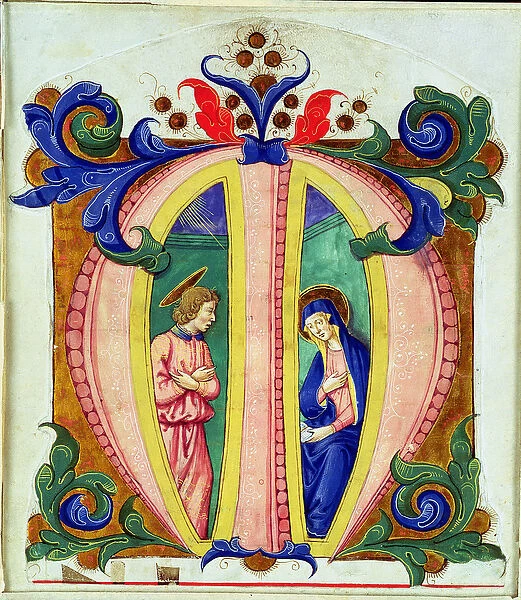 Historiated initial M depicting the Annunciation (vellum)