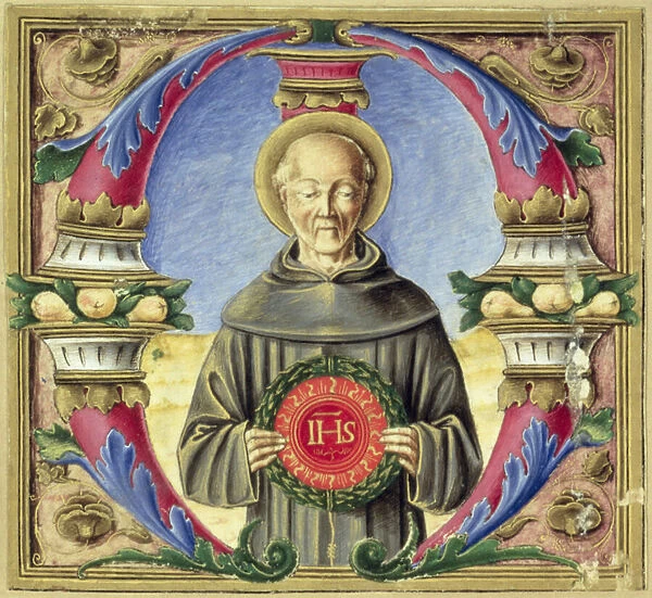 Historiated initial M depicting St. Bernardino of Siena (vellum)