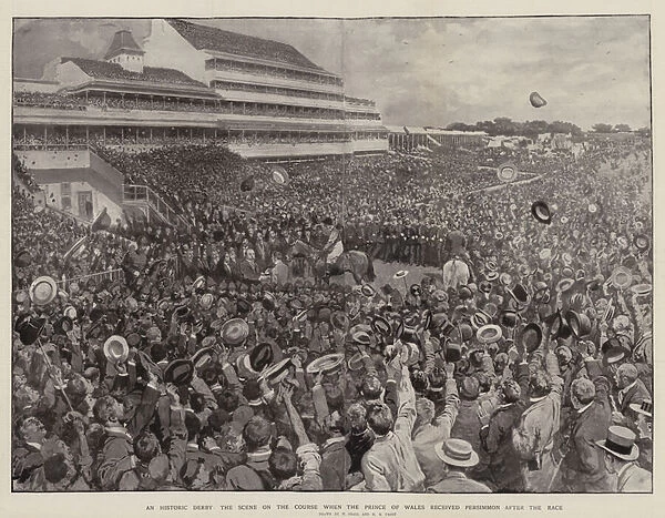 A Historic Derby, the Scene on the Course when the Prince of Wales received Persimmon after the Race (engraving)