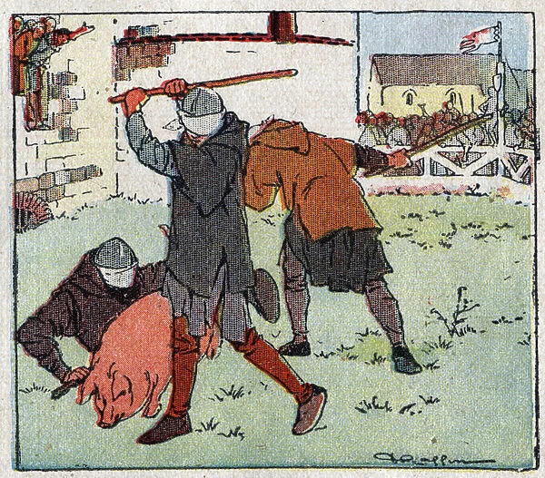 History of France in the Middle Ages: the games of the people in the 13th century: the eyes bands of men try to hit a pig with sticks. in 'Histoire de France learned by image and direct observation