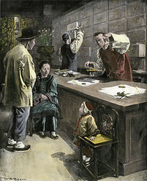 History of immigration in America: Chinese-American pharmacist weighing medicines in a shop in Chinatown, San Francisco, USA, 1890. Colourful engraving of the 19th century