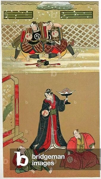 History. Japan. Japanese theatre, soldiers fight. Illustration, Japan, 19th cent. (poster)