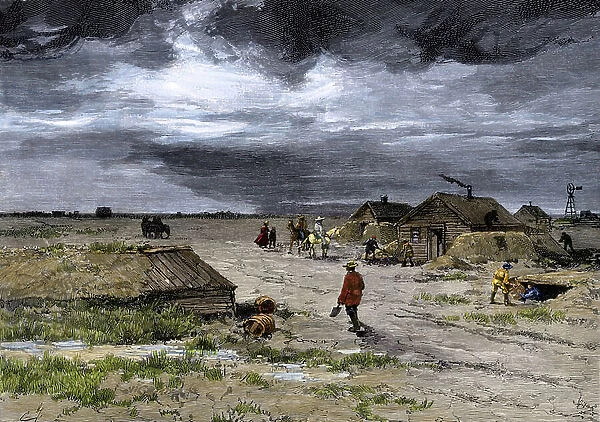 History of the settlers and the conquete of the West: American pioneers. Insulation and camouflage of houses in the Dakota prairies to protect them from winter, 1880s. Colourful engraving of the 19th century