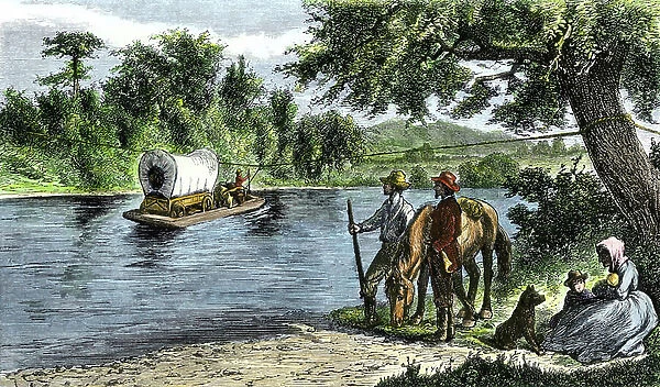 History of the West Conquete settlers: American pioneers. Diligence crossing a river attaches to a ferry. Colourful engraving of the 19th century