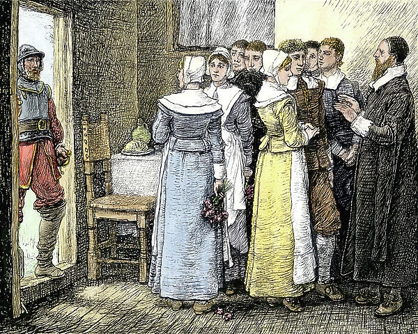 History of the West Conquete settlers: American pioneers. Marriage of Puritans in New England (New England), 17th century. Colourful engraving of the 19th century