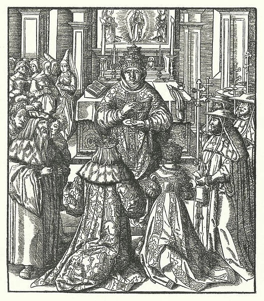 The Holy Roman Emperor Frederick III and the Empress Eleanor receiving Holy Communion from the Pope (engraving)