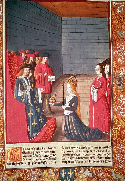 The Holy Roman Empress Richilde of Provence in Compiegne presenting to Louis the Stammerer the crown and sceptre that had belonged to his father Charles II the Bald, from Chroniques de France, printed by A
