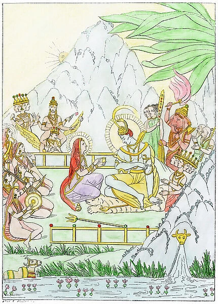 Homage to Shiva (Civa), god of regeneration, of the Hindu sacred triad - Colorisee engraving, 19th century - Paying homage to Siva, god of regeneration in the Hindu sacred triad - Hand-colored woodcut of a 19th-century illustration