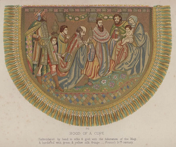Hood of a Cope, Embroidered by hand in silks and gold, with the Adoration of the Magi, and bordered with green and yellow silk fringe, Flemish 16th century (colour litho)