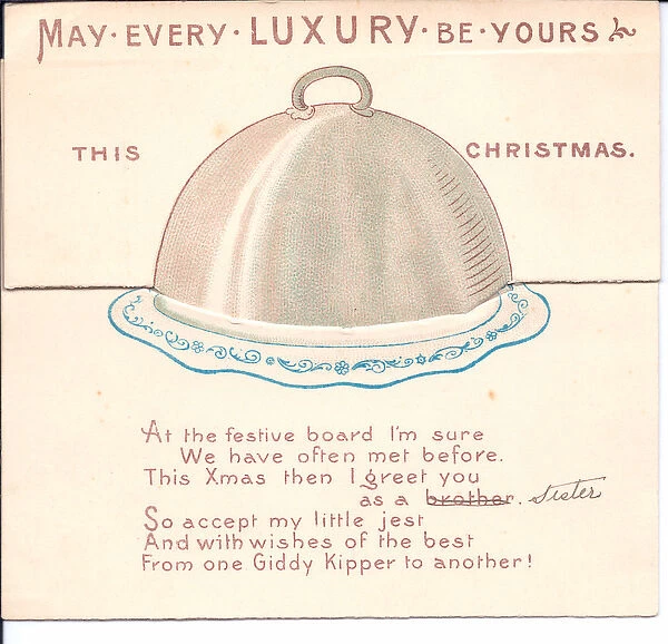 A humorous Victorian play-on-word Christmas card of a cloche, c. 1890 (colour litho)
