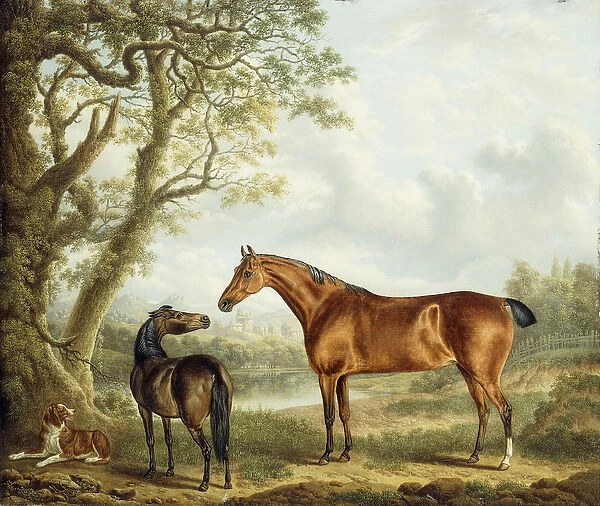 Hunters and a Spaniel in an Extensive Landscape, 1827 (oil on canvas)