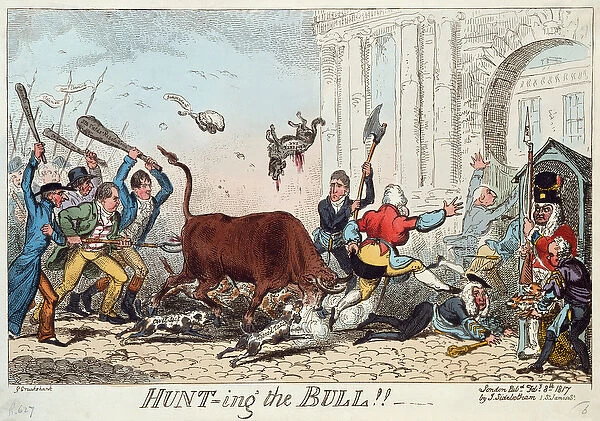 Hunting the Bull, 1817 (colour etching)
