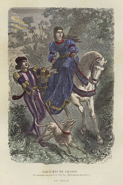 Hunting dress, 15th Century (coloured engraving)