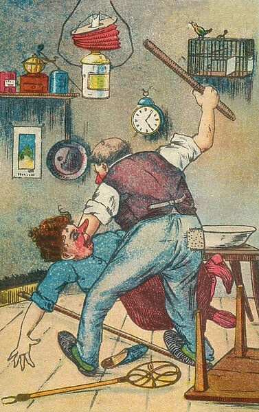 Husband beating his wife (colour litho)