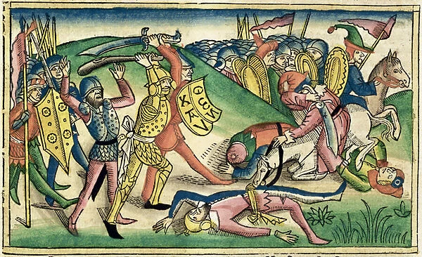 I Kings 15 16 War between Asa and Bsha, from the Nuremberg Bible (Biblia Sacra Germanaica) (coloured woodcut)
