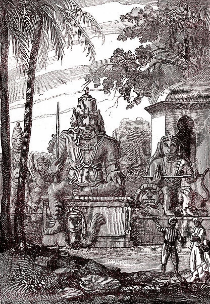 Idols and statues near Pondicherry, India. 1880 (Engraving)