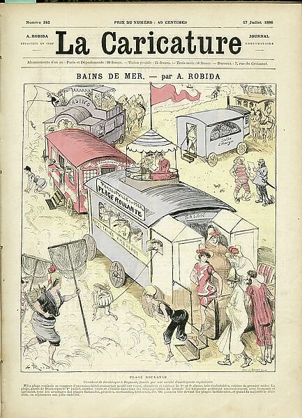 Illustration by Albert Robida (1848-1926) for the Cover of La Caricature (1880), 1886-7-17 - Baths de mer - Recreation, Maritime Marine Seaside, Train Railway Railway, Swimming Swimming, Swimsuit, Seaside resort