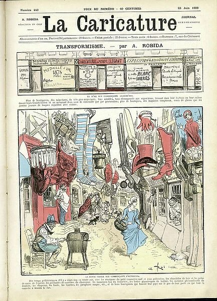 Illustration by Albert Robida (1848-1926) for the Cover of La Caricature (1880), 1888-6-23 - Transformism - Architecture Urbanisme, Shops, Signs, Rue alley