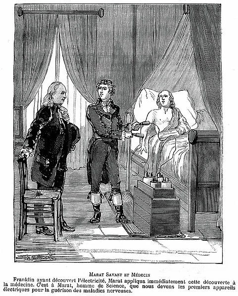 Illustration of the book by Leo Taxil and J. Vindex ' Marat ou les heros de la revolution', Librairie anti-clericale (anti-clerical, anticlerical) 1883 - Jean-Paul Marat (1743 - 1793) scholar and physician: Franklin had discovered electricite