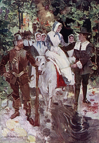 Illustration for The Courtship of Miles Standish by Henry Wadsworth Longfellow (colour litho)