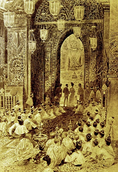 Illustration depicting King Edward VII, visiting the Arakan Pagoda