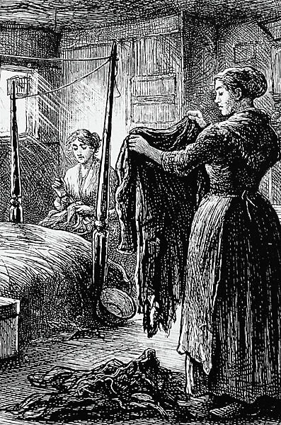 Illustration depicting revivers, women who would mend and made presentable old clothes sold in the Petticoat Lane market, London, 1885 (engraving)