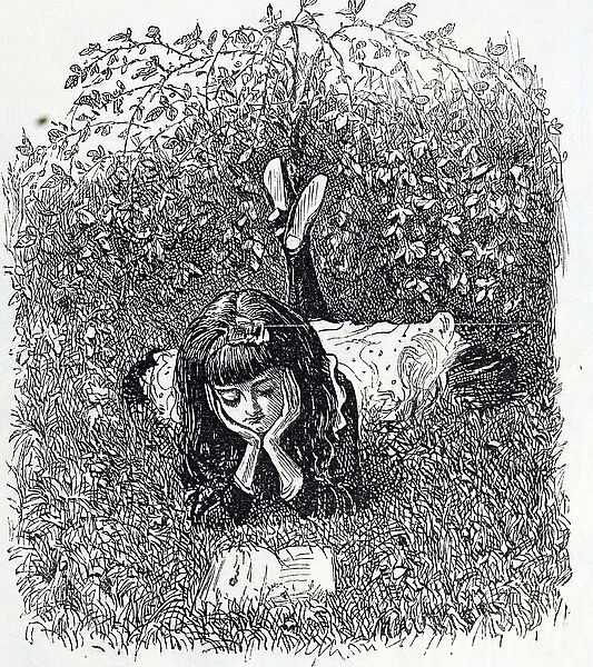 Illustration depicting a young girl reading in the garden, 19th century