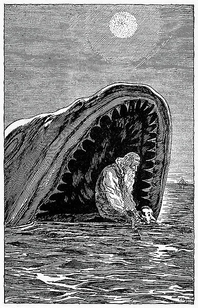 Illustration of Pinocchio by Carlo Chiostri (1863-1939), one of the first Italian illustrators of Collodi's work. The wooden puppet and his father Gepetto will escape swimming from the mouth of the huge shark who swallowed them