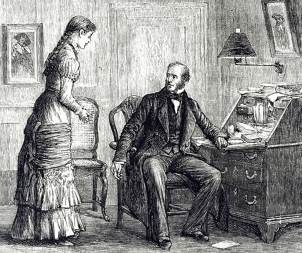 Illustration showing man and woman in a gas-lit drawing room of a Victorian home. 1882