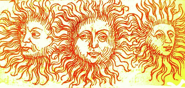 Illustration showing Sun dog phenomenon depicted in the Nuremberg Chronicle. 1493. This version was associated with the death of Julius Caesar in 44 BC