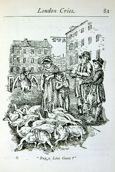 Illustration of a woman selling fresh geese on the streets of London. Circa 1780