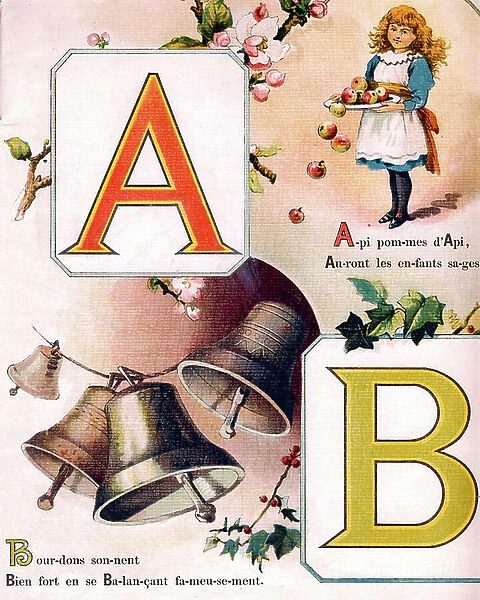 Illustrations of letters A and B. Girl with apples and bells. Chromolithography of English origin in ' Father Christmas Alphabet' Back cover. Editons A. Capendu, Paris, circa 1900. Dim: 315 x 255 mm. Private Collection