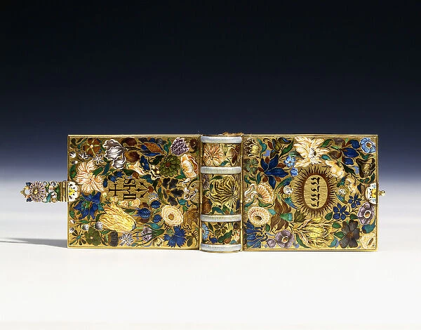 Image of a 17th century miniature manuscript in an enamelled gold binding, c