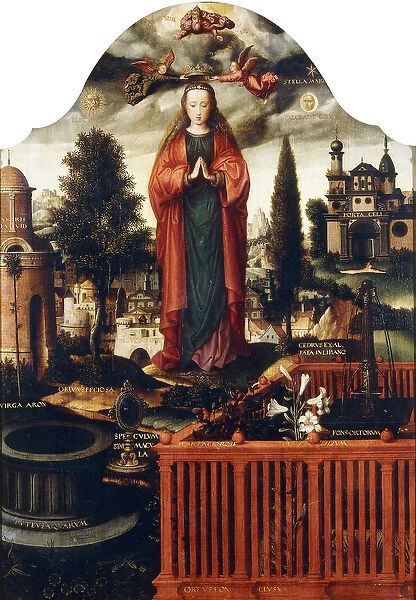 The Immaculate Conception, (oil on panel, painted shaped top)