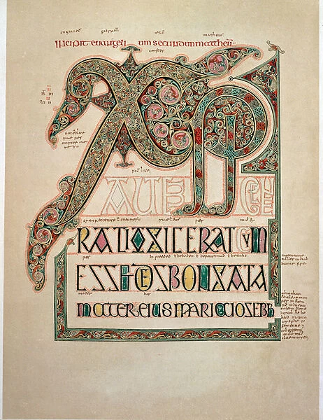 Incipit page to the Gospel of St. Matthew (1, 18) with decorated letters XPI