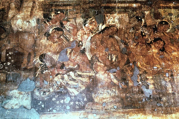 India: King Mahjanaka listening to Queen Vivali. 1-5 century AD (Ajanta Cave fresco)