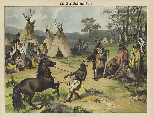 Indian camp, America (colour litho)