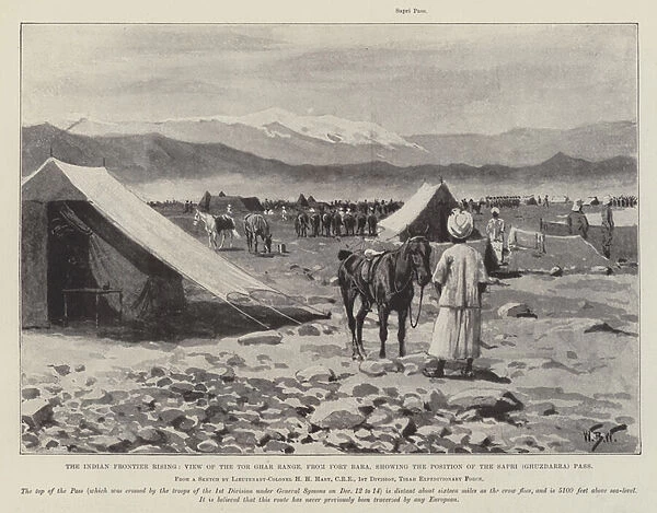 The Indian Frontier Rising, View of the Tor Ghar Range, from Fort Bara, showing the Position of the Sapri (Ghuzdarra) Pass (litho)