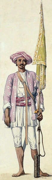 Indian soldier (rocket man) of Tipu Sultans army, using his rocket as a flagstaff, Madras, 1793-94 (w  /  c on paper)