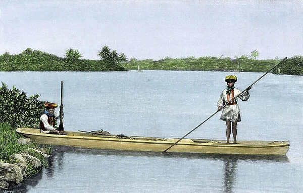 Indians of America: Seminoles in a monoxyl canoe made in a strain of cypers, Florida, 19th century. Coloured engraving of the 19th century