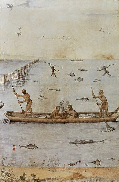 Indians Fishing (colour litho)